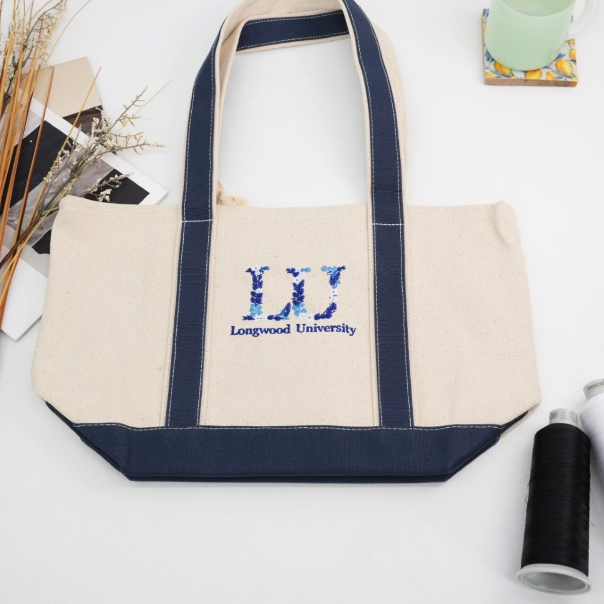 Custom University Floral Tote Bags - College Letter Embroidered Canvas Bag - Sorority Student Gift