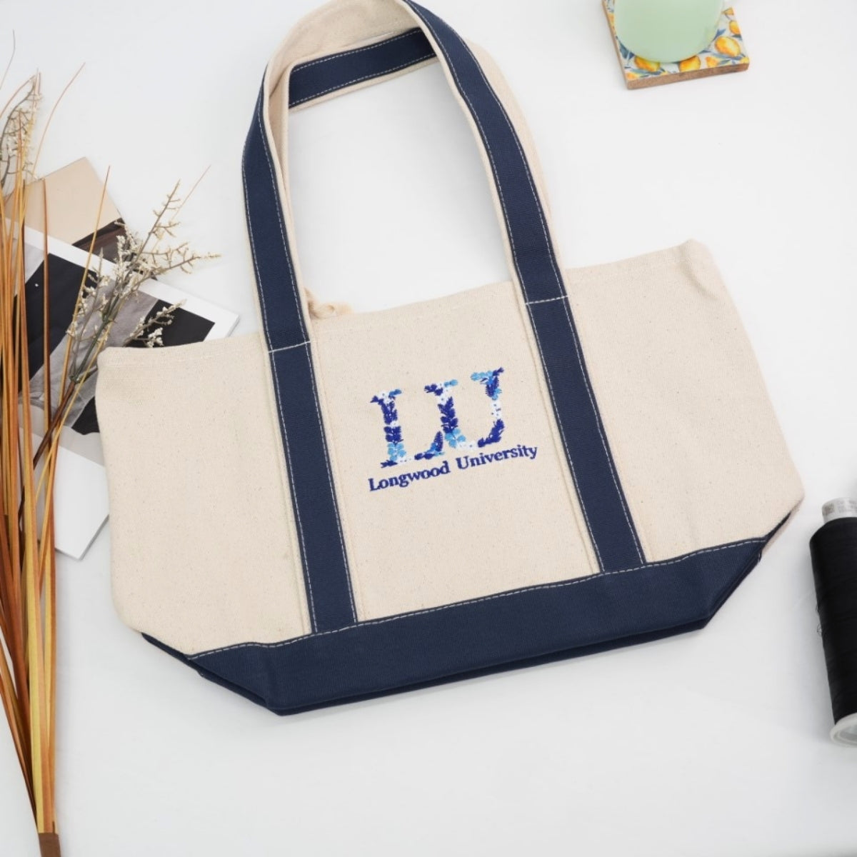 Custom University Floral Tote Bags - College Letter Embroidered Canvas Bag - Sorority Student Gift