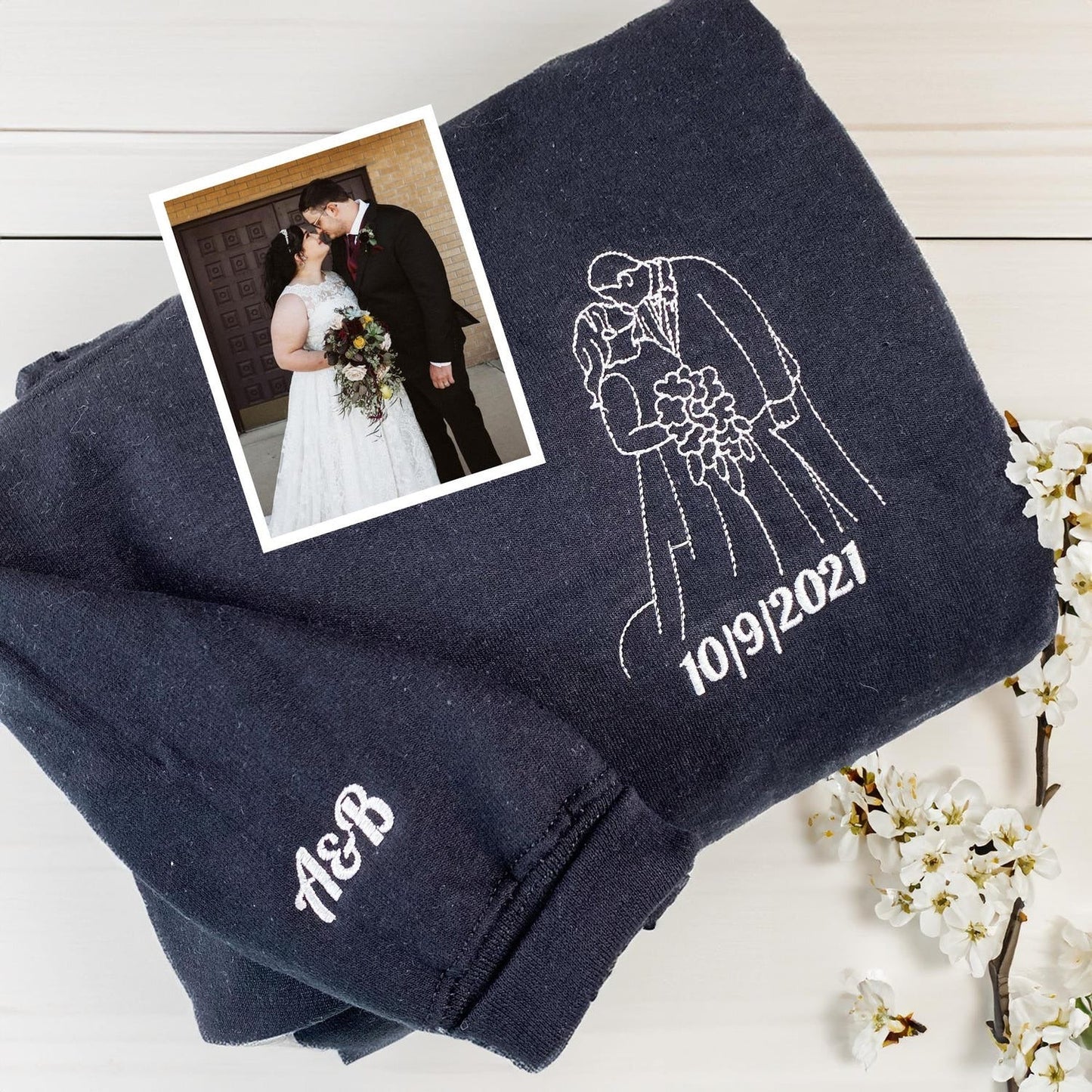 Custom Wedding Photo Embroidered Hoodie – Personalized Line Art Couple Sweatshirt – Anniversary Gift for Husband, Wife, or Newlyweds