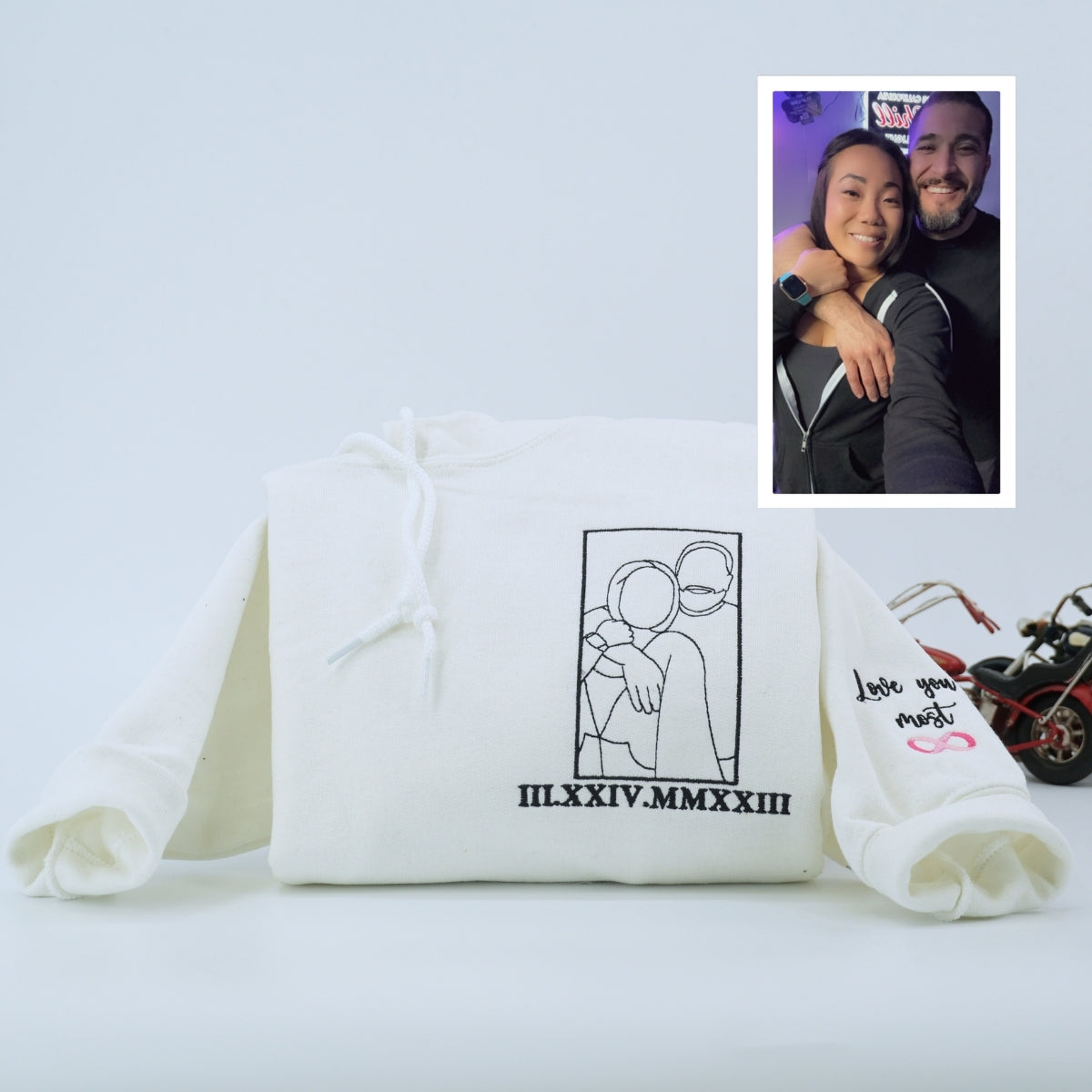 Custom Anniversary Date Hoodies - Couple Portrait Line Art with Roman Numerals - Special Date Gift