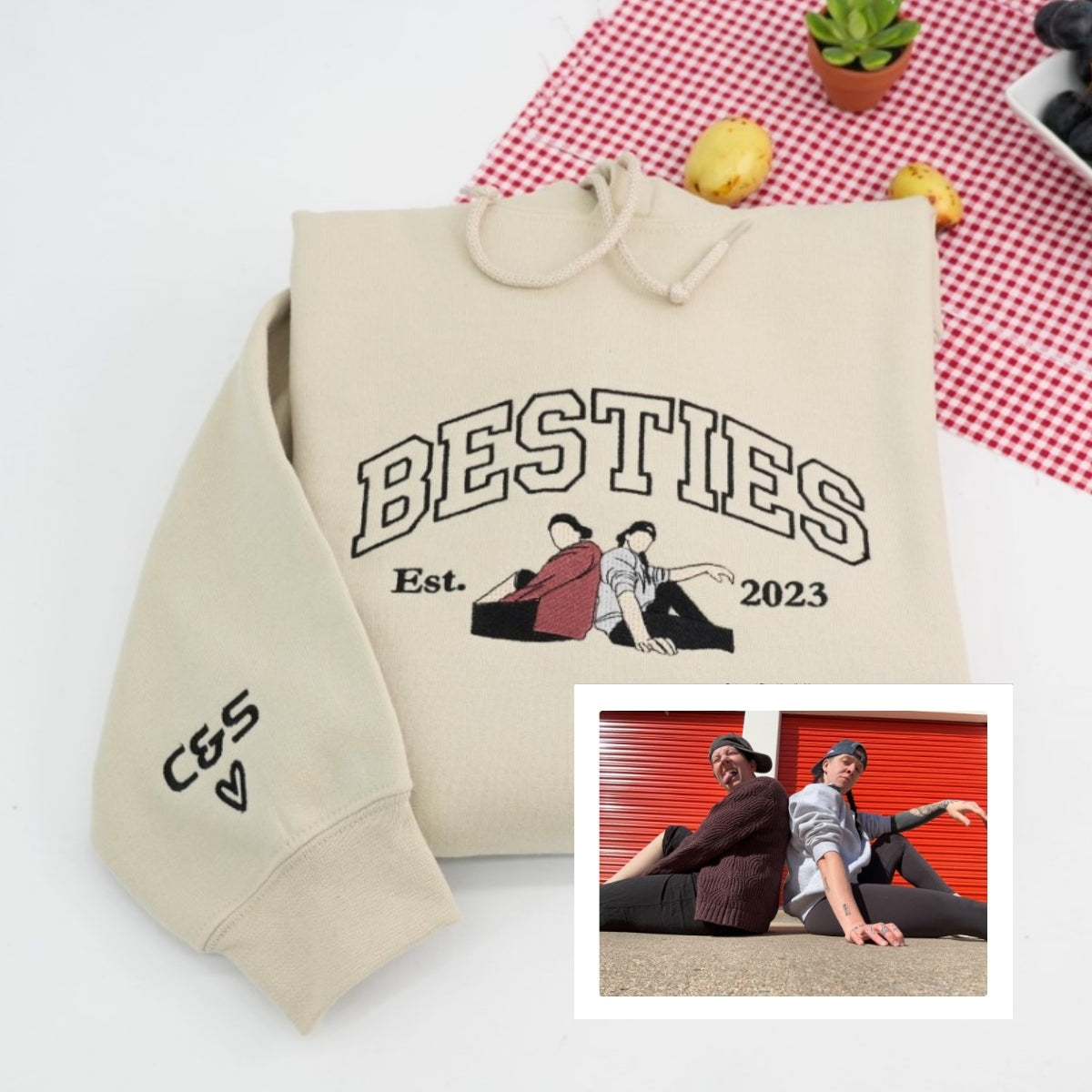 Custom Best Friends Portrait Sweatshirt - Besties Embroidered Varsity Hoodie - Duo Friendship Gift EST Date