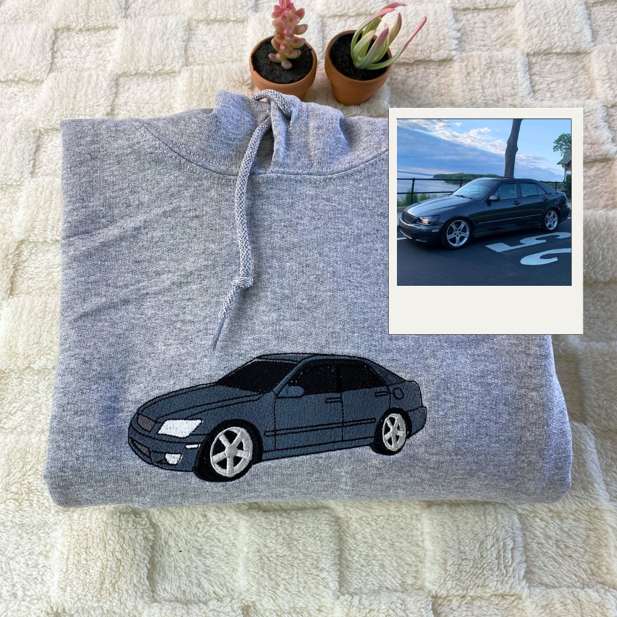 Custom Car Portrait Hoodies - Personalized Vehicle Embroidered Sweatshirts - Car Enthusiast Gift
