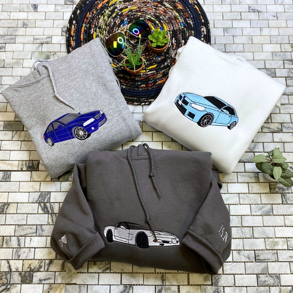 Custom Car Portrait Hoodies - Personalized Vehicle Embroidered Sweatshirts - Car Enthusiast Gift