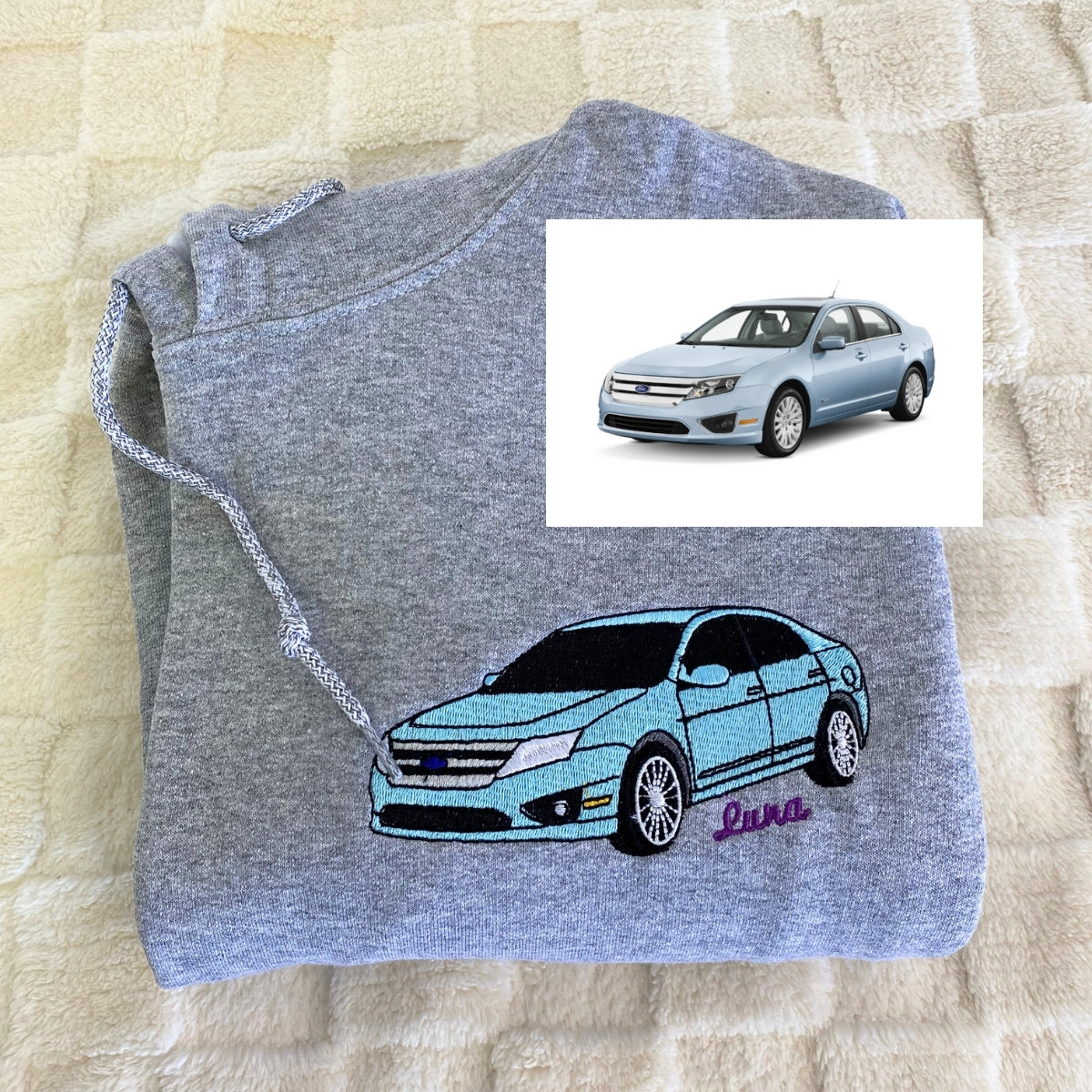 Custom Car Portrait Hoodies with Text - Personalized Vehicle Embroidered Sweatshirts