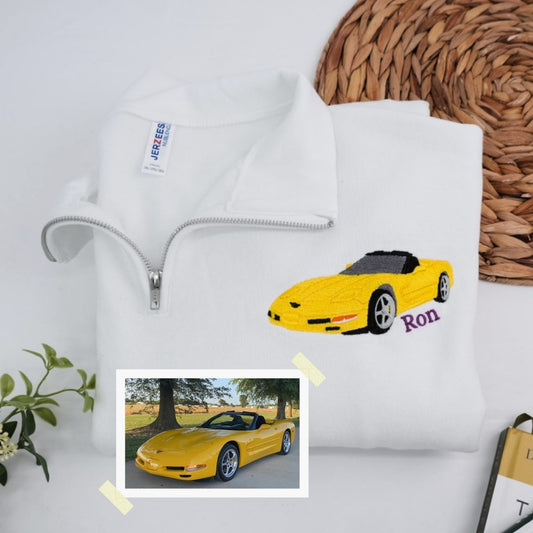 Custom Car Quarter Zip - Personalized Sports Car Embroidered Sweatshirt - Car Enthusiast Gift