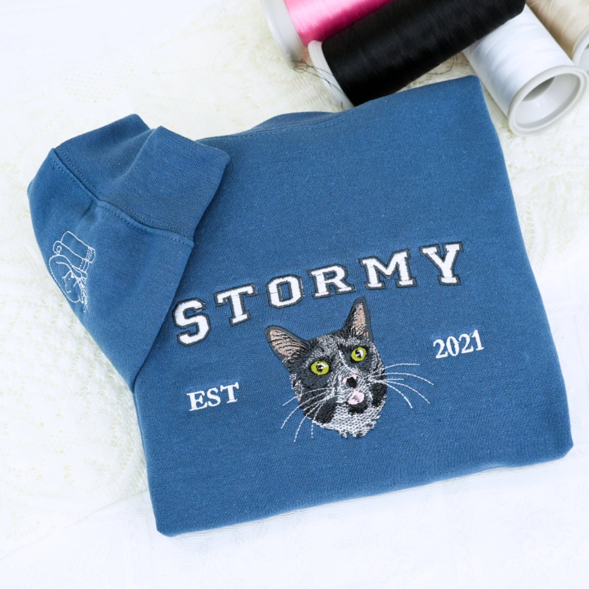 Custom Cat Portrait Varsity Hoodies - Personalized Pet Name Embroidered Sweatshirts - Cat Lover Gift