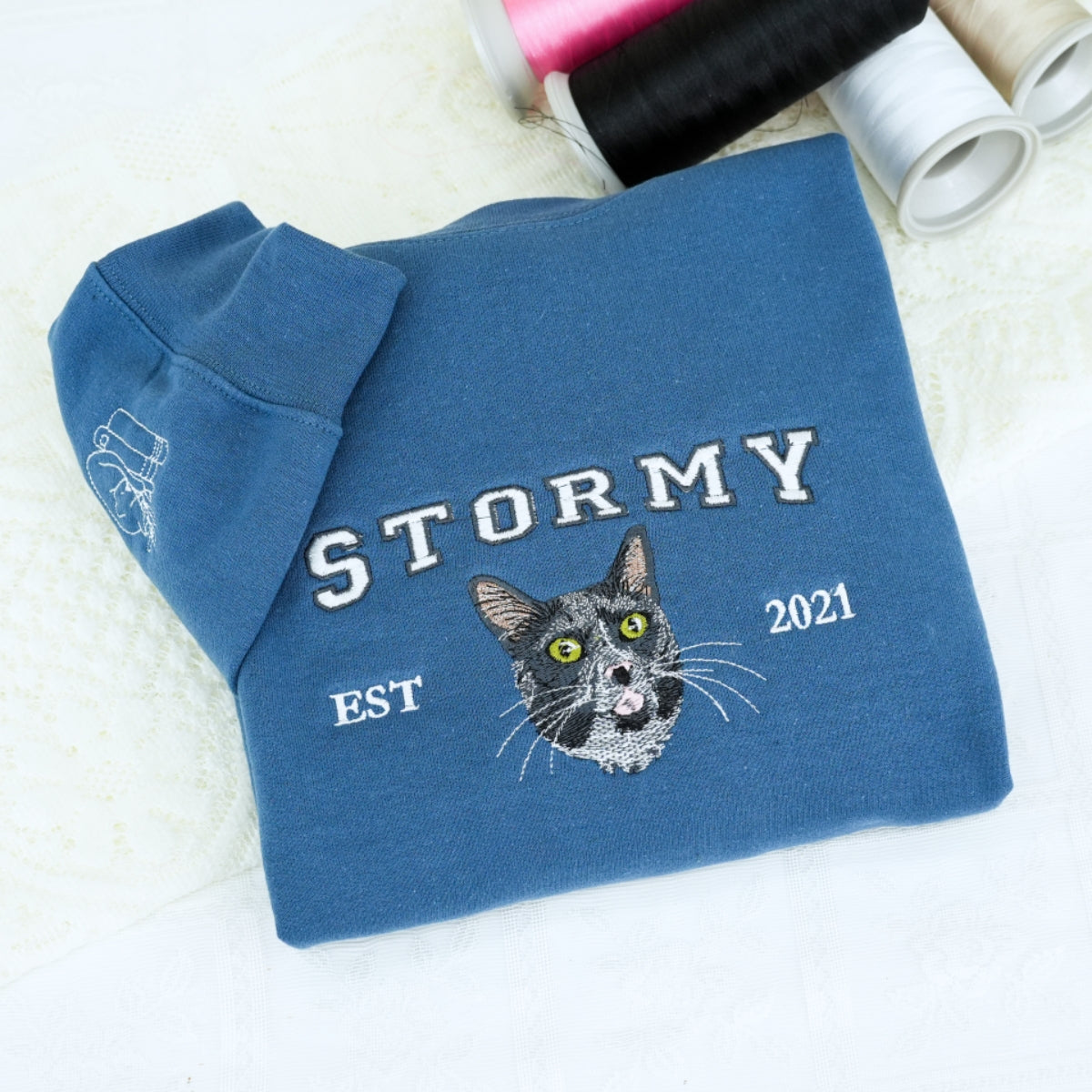 Custom Cat Portrait Varsity Hoodies - Pet Face Embroidered Sweatshirts - Personalized Cat Lover Gift