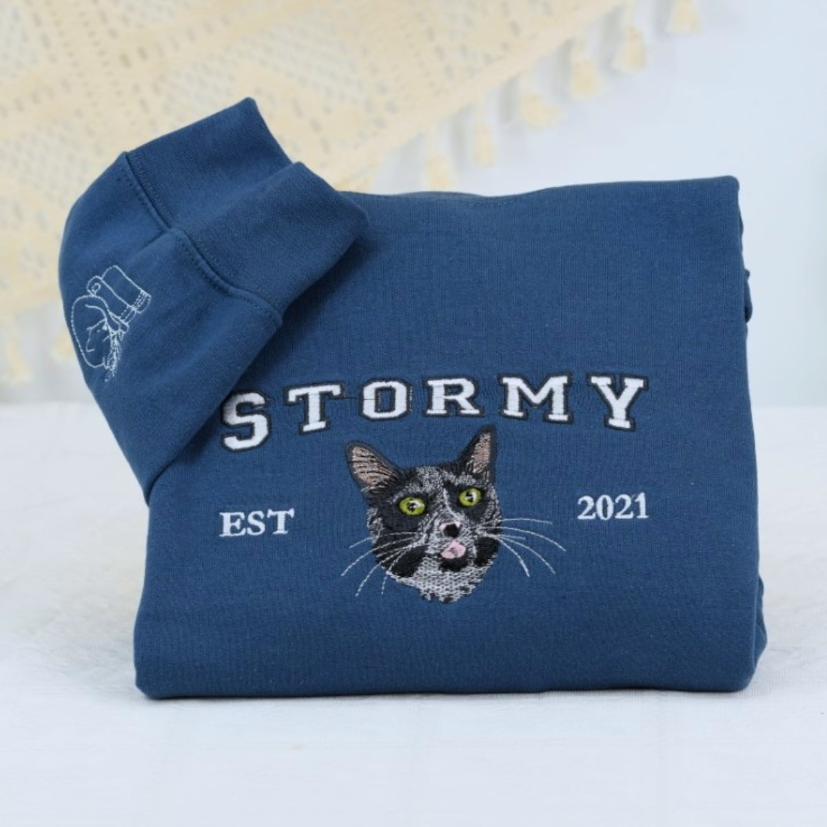 Custom Cat Portrait Varsity Hoodies - Pet Face Embroidered Sweatshirts - Personalized Cat Lover Gift