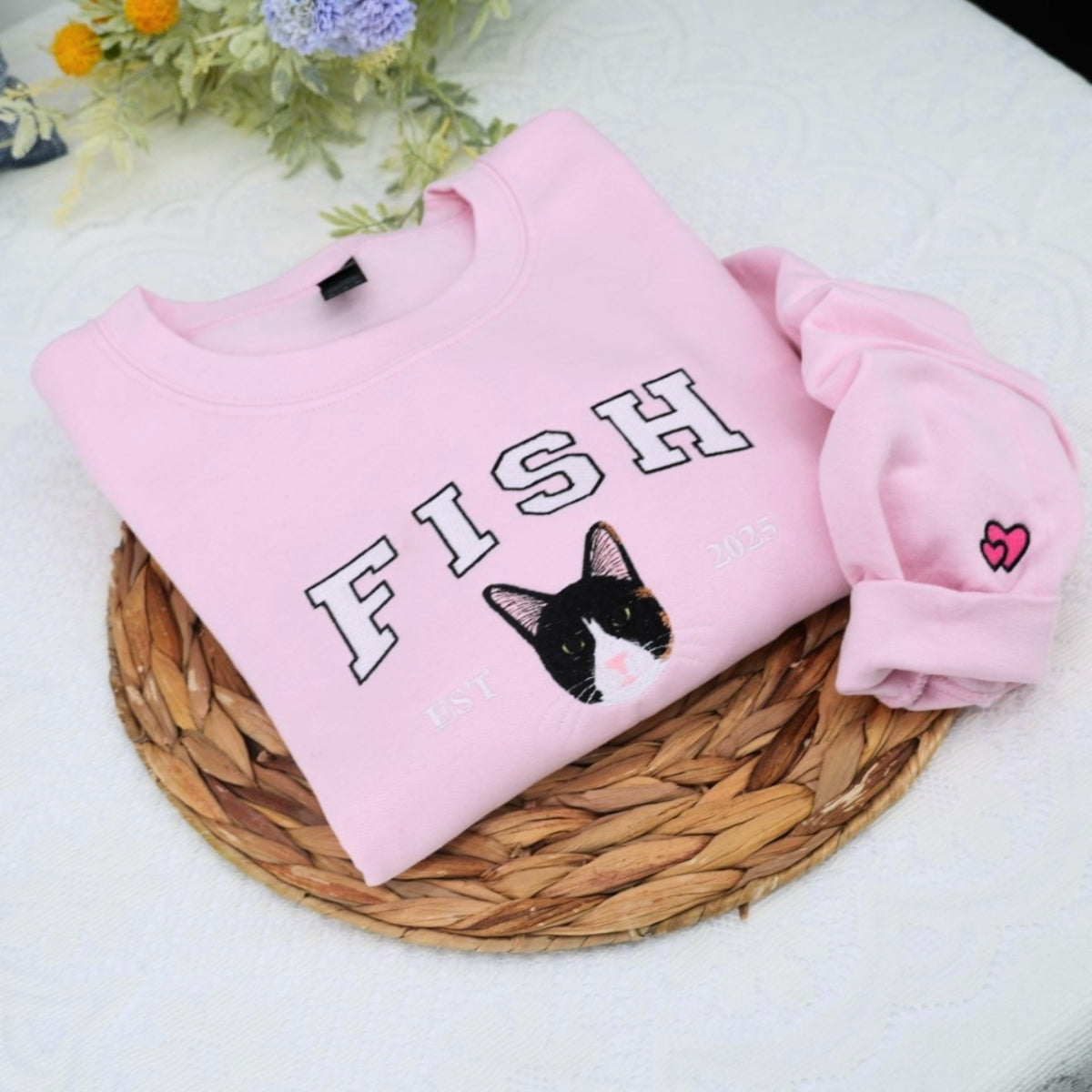 Custom Cat Portrait Varsity Hoodies - Pet Face Embroidered Sweatshirts - Personalized Cat Lover Gift