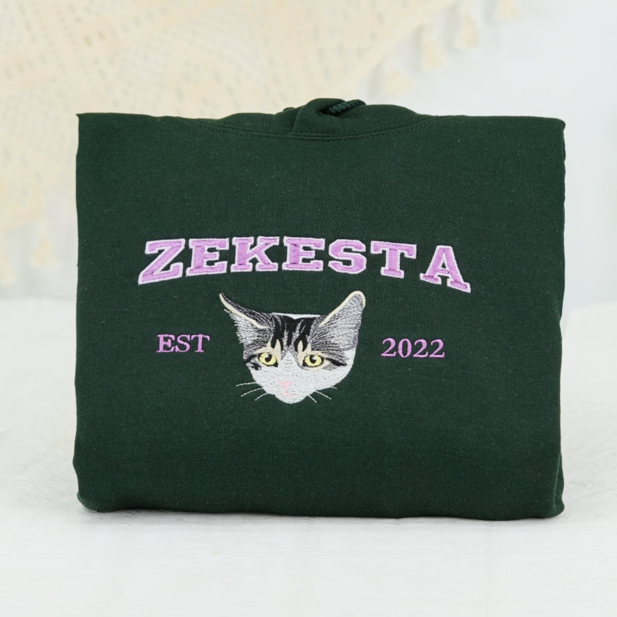 Custom Cat Portrait Varsity Hoodies - Pet Name Embroidered Sweatshirts - Personalized Cat Lover Gift