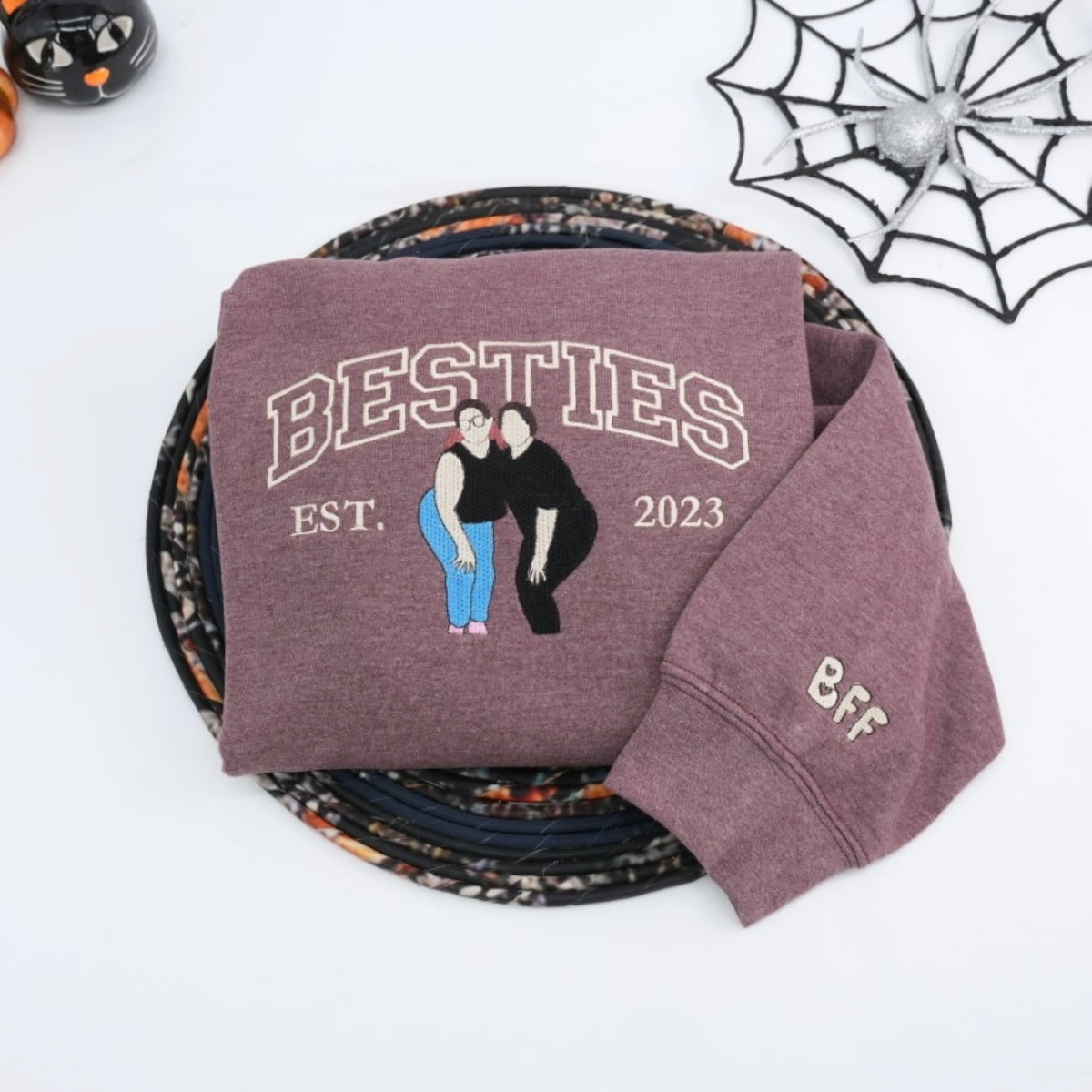 Custom Childhood Friends Portrait Sweatshirt - Besties Embroidered Varsity Hoodie - Longtime Friendship Gift EST Date