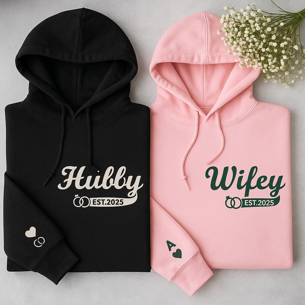 Custom Couple Matching Hubby and Wifey Embroidered Hoodie