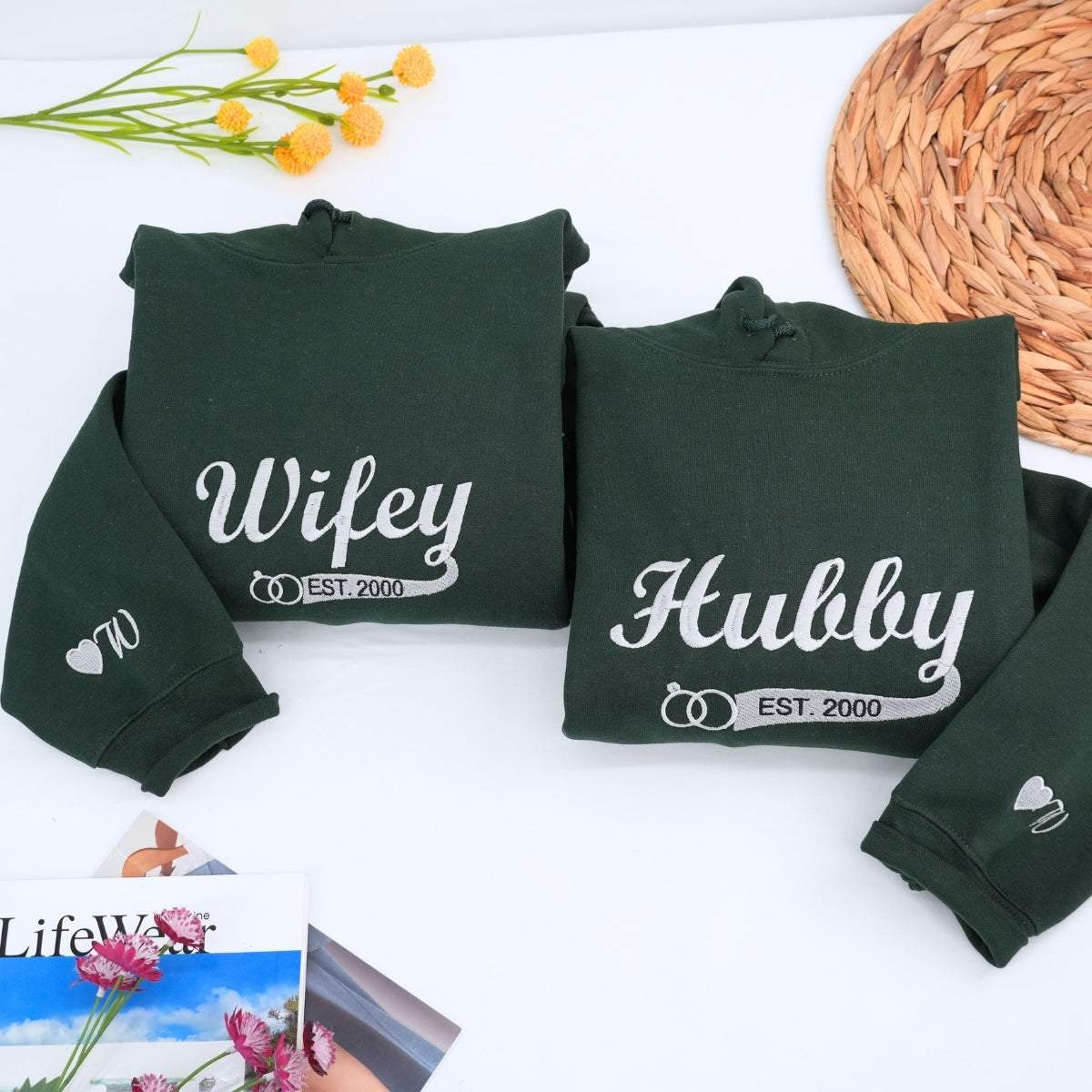 Custom Couple Matching Hubby and Wifey Embroidered Hoodie
