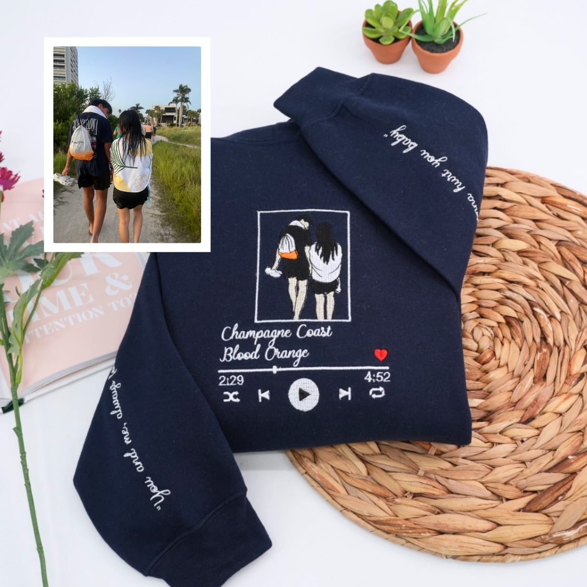 Custom Couple Photo Hoodies - Personalized Song Music Player Embroidered Sweatshirts Gift