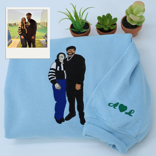 Custom Couple Portrait Hoodies - Anniversary Embroidered Sweatshirts - Personalized Roman Numeral Date Gift