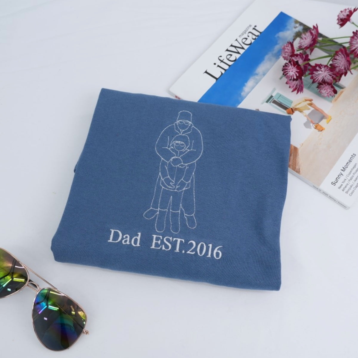 Custom Dad EST Hoodies - Father Child Line Art Embroidered Sweatshirts - Personalized Father's Day Gift