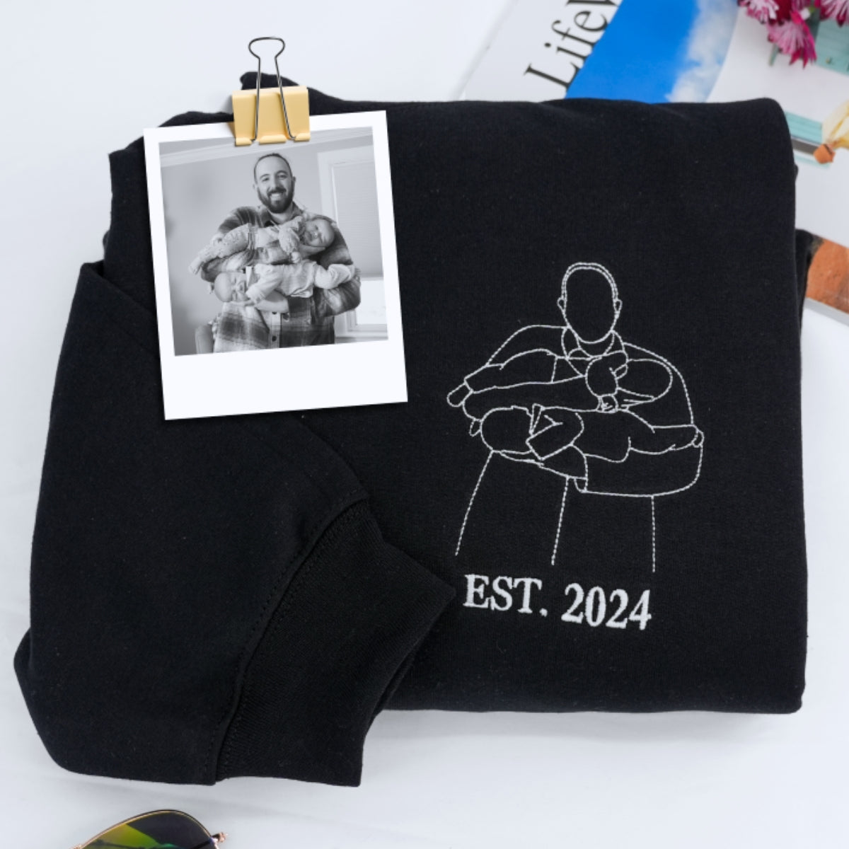 Custom Dad EST Hoodies - Father Child Line Art Embroidered Sweatshirts - Personalized Father's Day Gift
