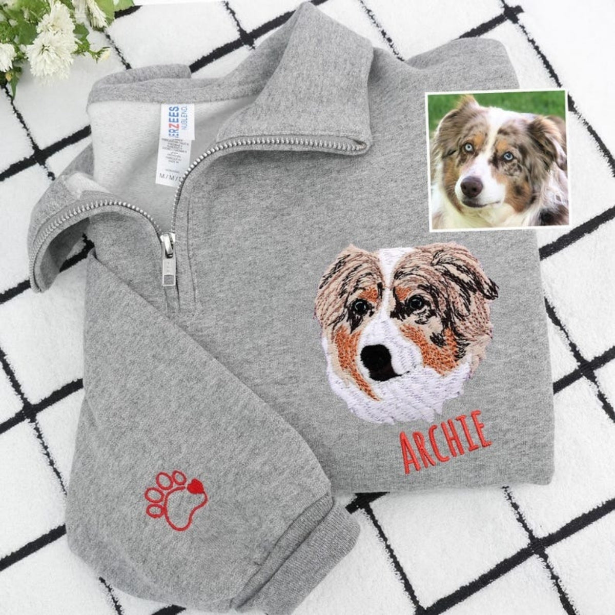 Custom Dog Photo Embroidery Quarter Zip - Pet Portrait from Picture - Personalized Memorial Gift