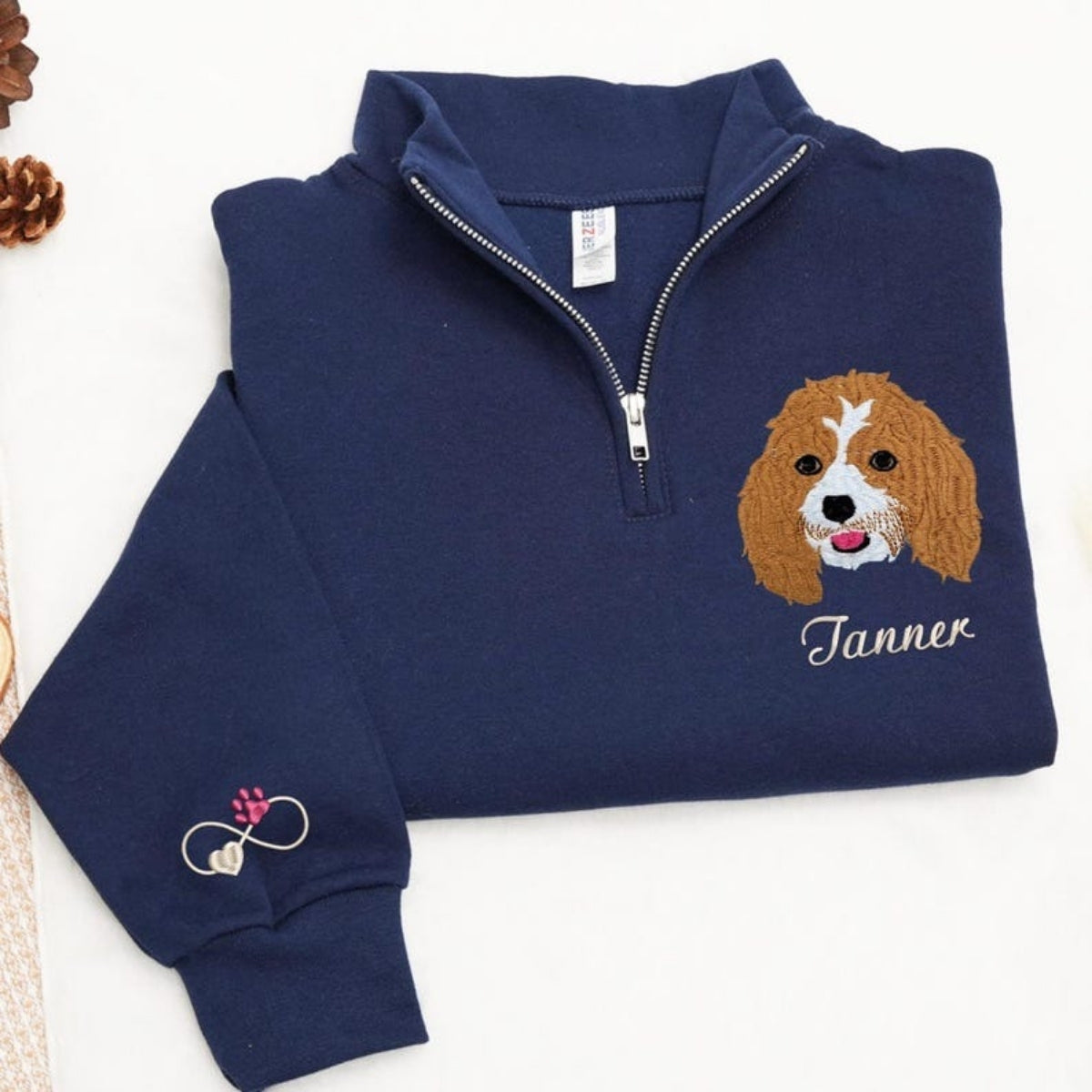 Custom Dog Portrait Quarter Zip with Name - Pet Face Embroidered Pullover - Personalized Dog Lover Gift