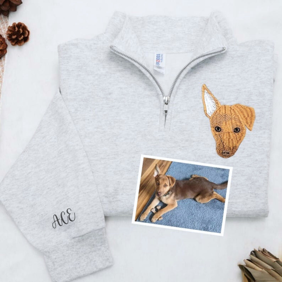 Custom Dog Portrait Quarter Zip with Name - Pet Face Embroidered Pullover - Personalized Dog Lover Gift