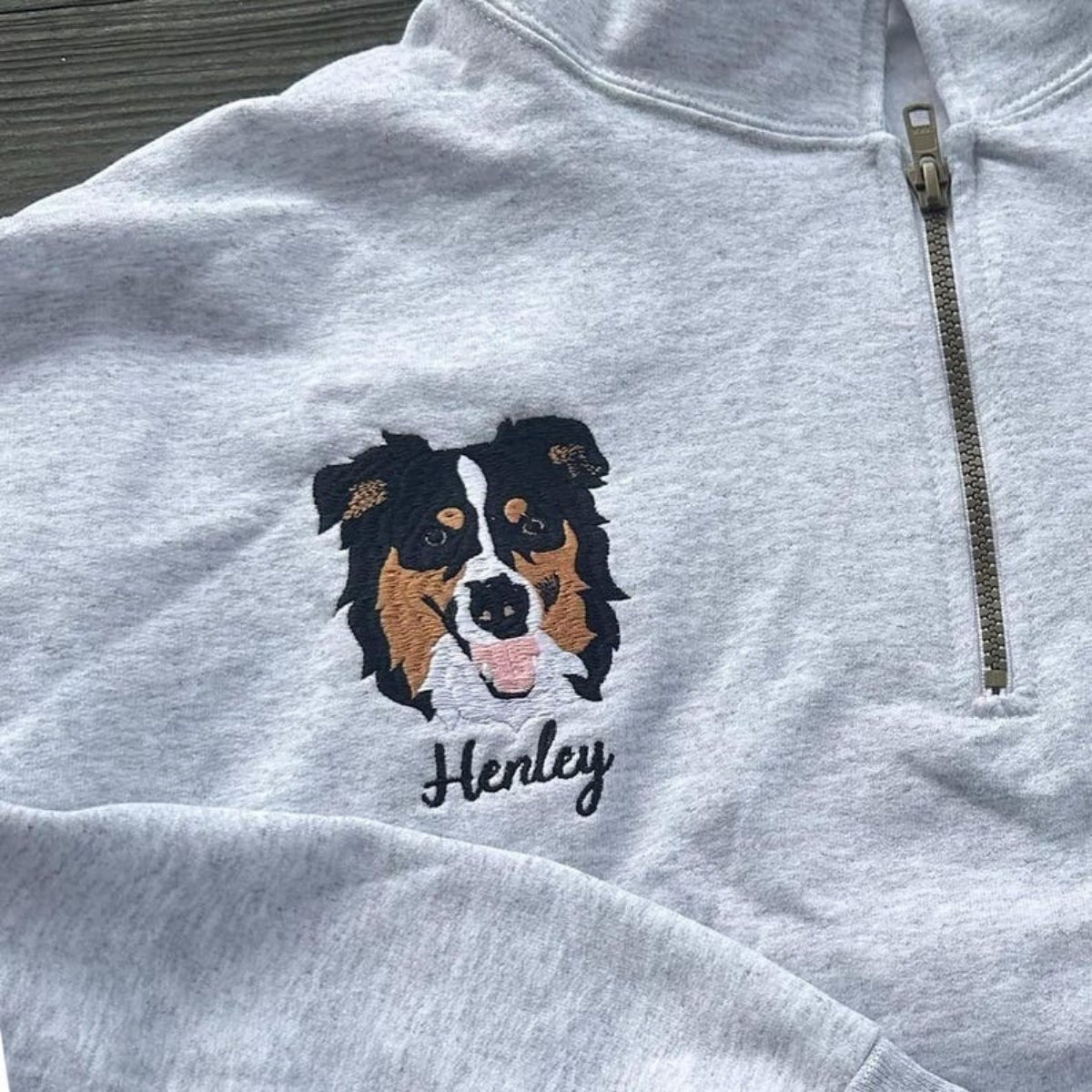 Custom Dog Portrait Quarter Zip with Name - Pet Face Embroidered Pullover - Personalized Dog Lover Gift