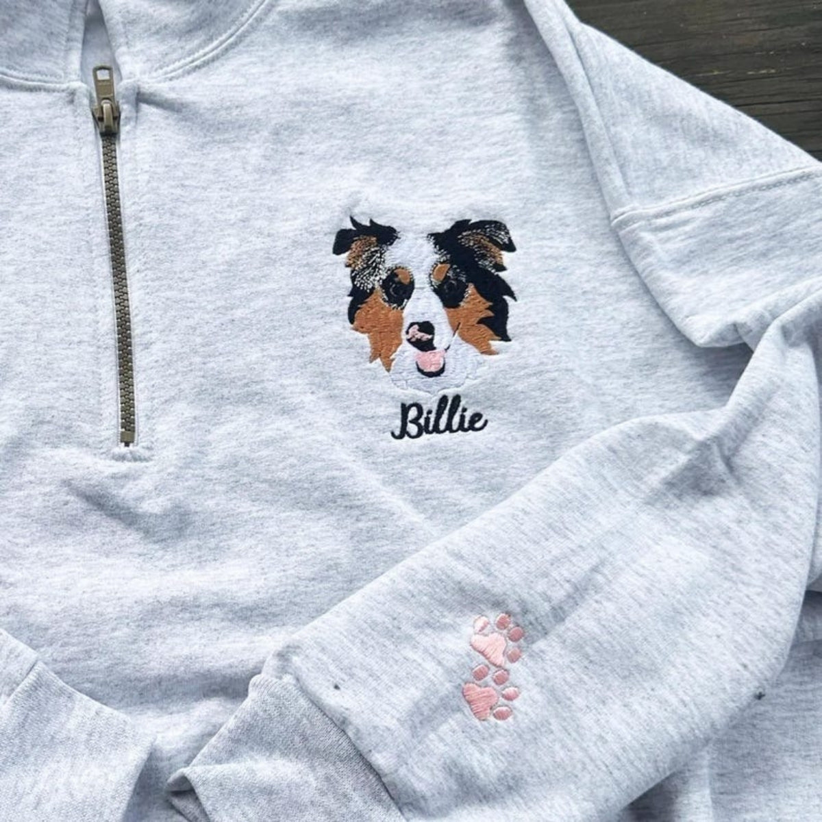 Custom Dog Portrait Quarter Zip with Name - Pet Face Embroidered Pullover - Personalized Dog Lover Gift