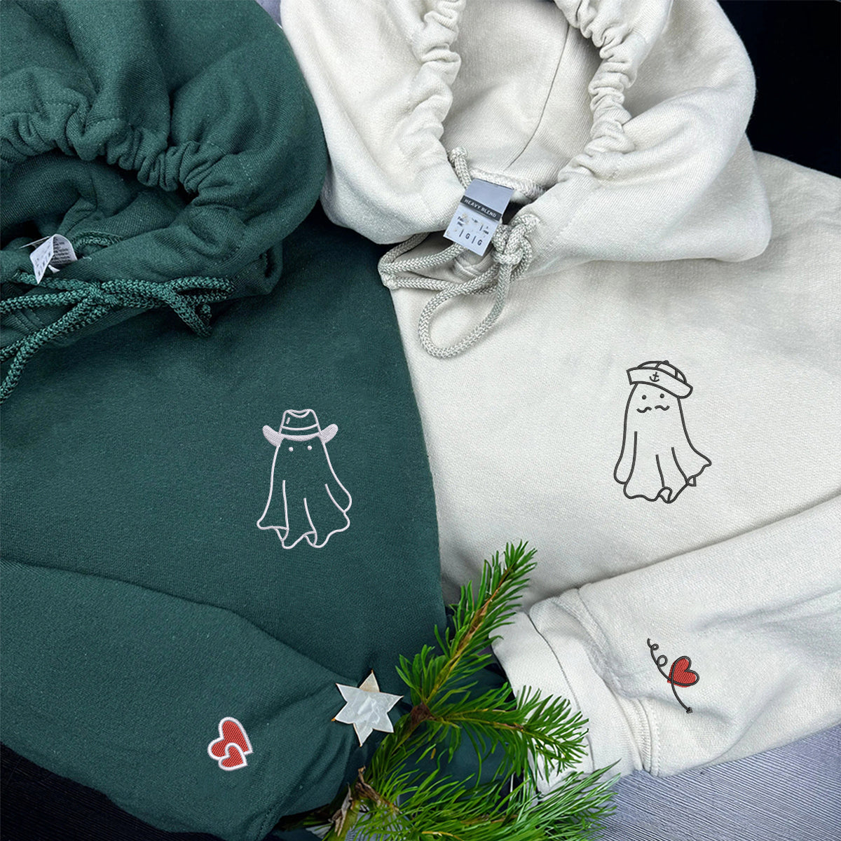 Custom Embroidered Cowboy & Sailor Ghosts Matching Hoodies for Couples