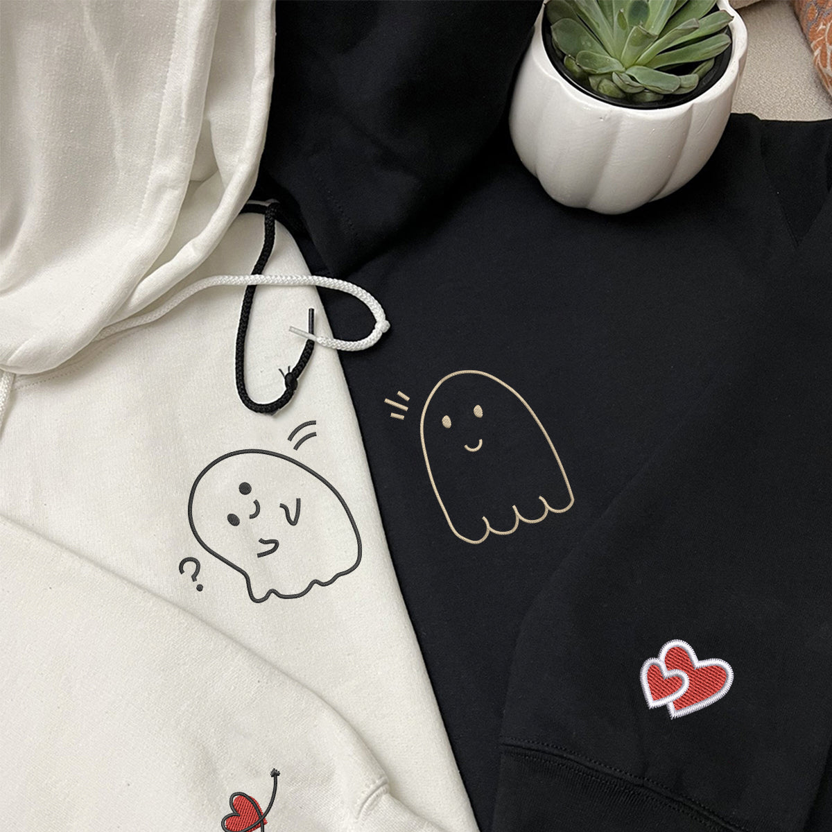 Custom Embroidered Cute Ghost Matching Hoodies for Couples