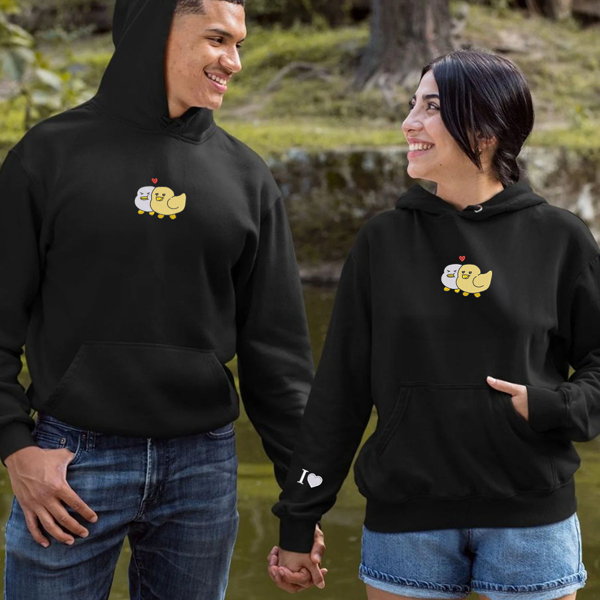 Custom Embroidered Duck Love Matching Hoodies for Couples
