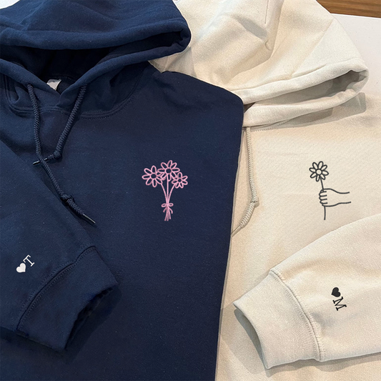Custom Embroidered Flower Bouquet Matching Hoodies for Couples