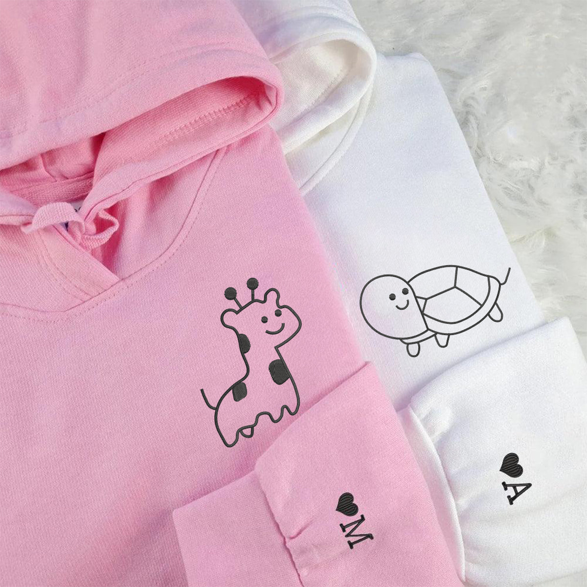 Custom Embroidered Giraffe and Turtle Matching Hoodies for Couples