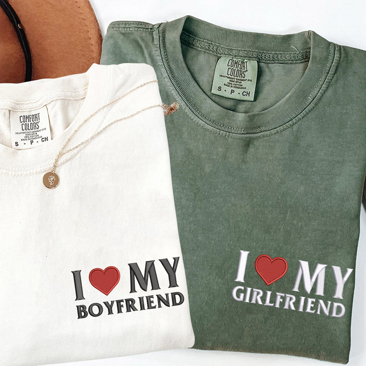 Custom Embroidered I Love My Girlfriend, Boy Friend Matching T-shirts for Couples