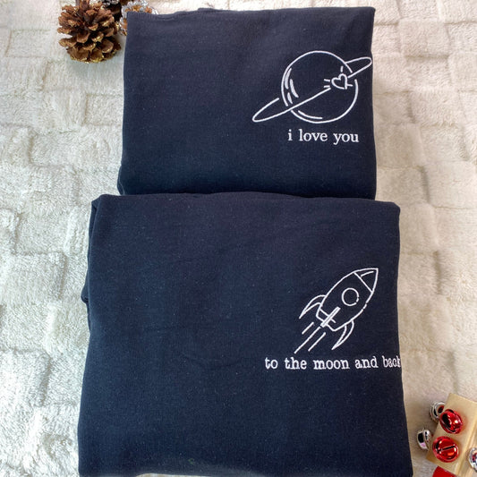 Custom Embroidered I Love You To The Moon And Back Matching Hoodies for Couples