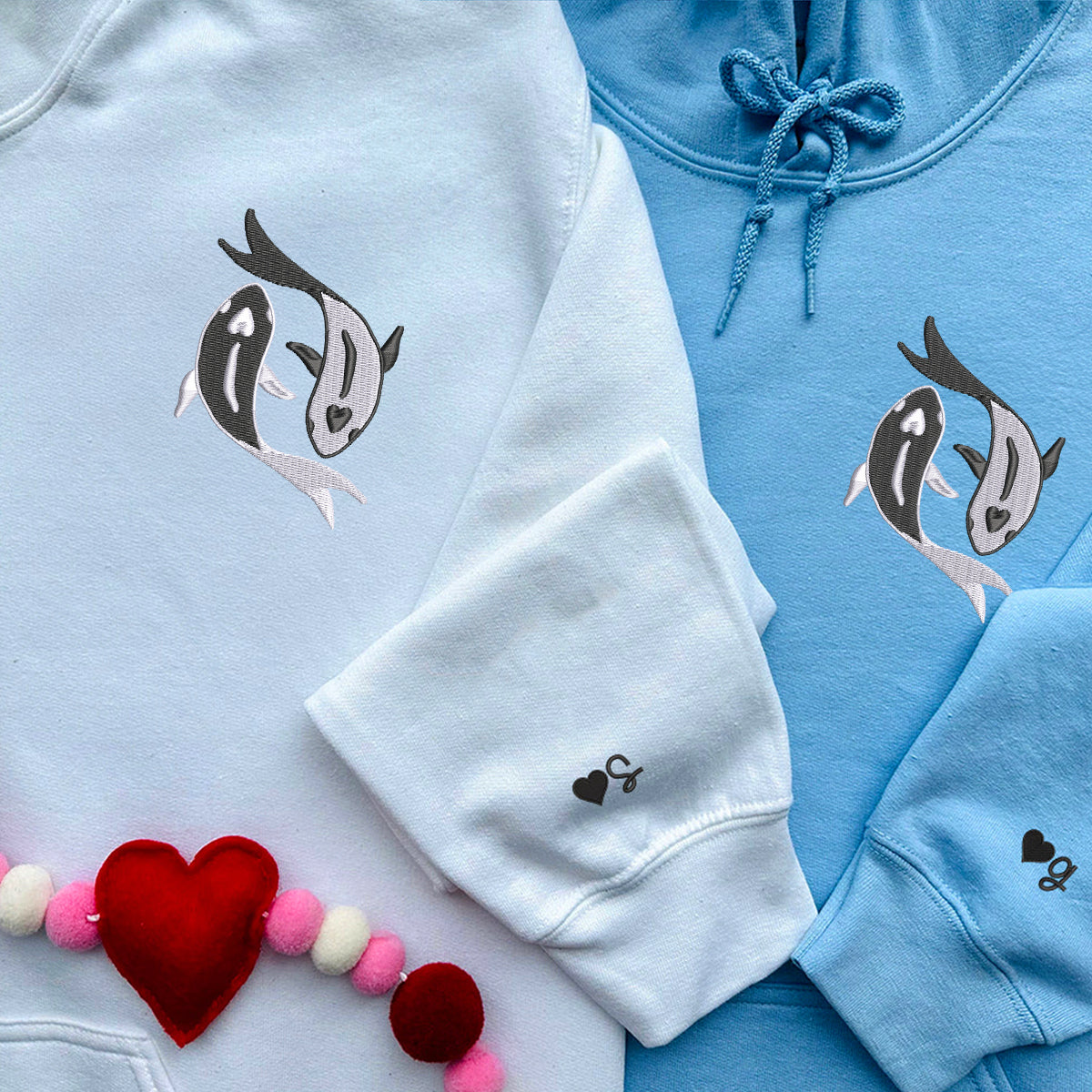 Custom Embroidered Koi Fish Yin Yang Matching Hoodies for Couples