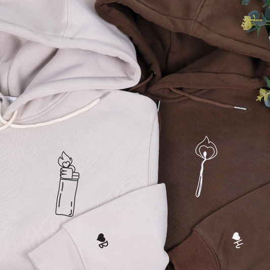 Custom Embroidered Lighter and Fire Matching Hoodies for Couples