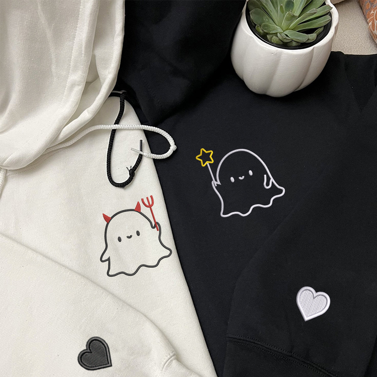 Custom Embroidered Lovely Ghost Matching Hoodies for Couples