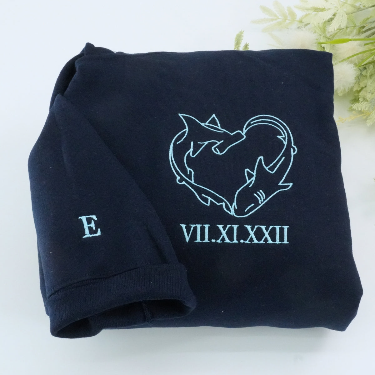 Custom Embroidered Shark Love Roman Numeral Matching Hoodies for Couples
