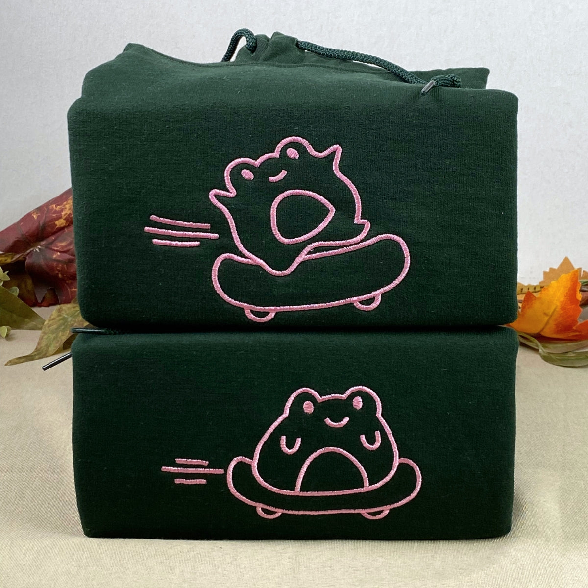 Custom Embroidered Skateboard Frog Matching Hoodies for Couples