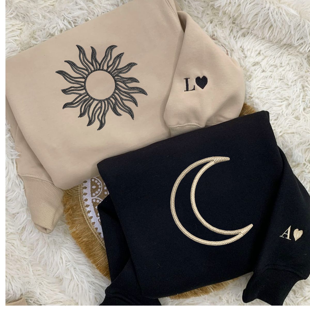 Custom Embroidered Sun and Moon Matching Hoodies for Couples