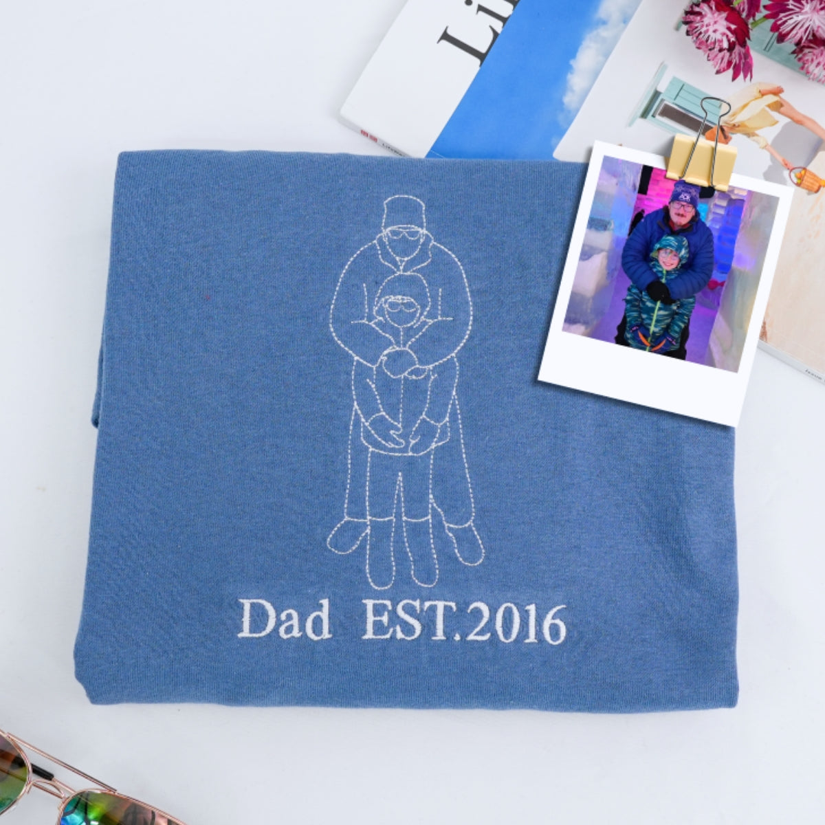 Custom Father Child Line Art Embroidered Sweatshirts - Cool Dad Portrait Hoodies - Perfect Father's Day Gift