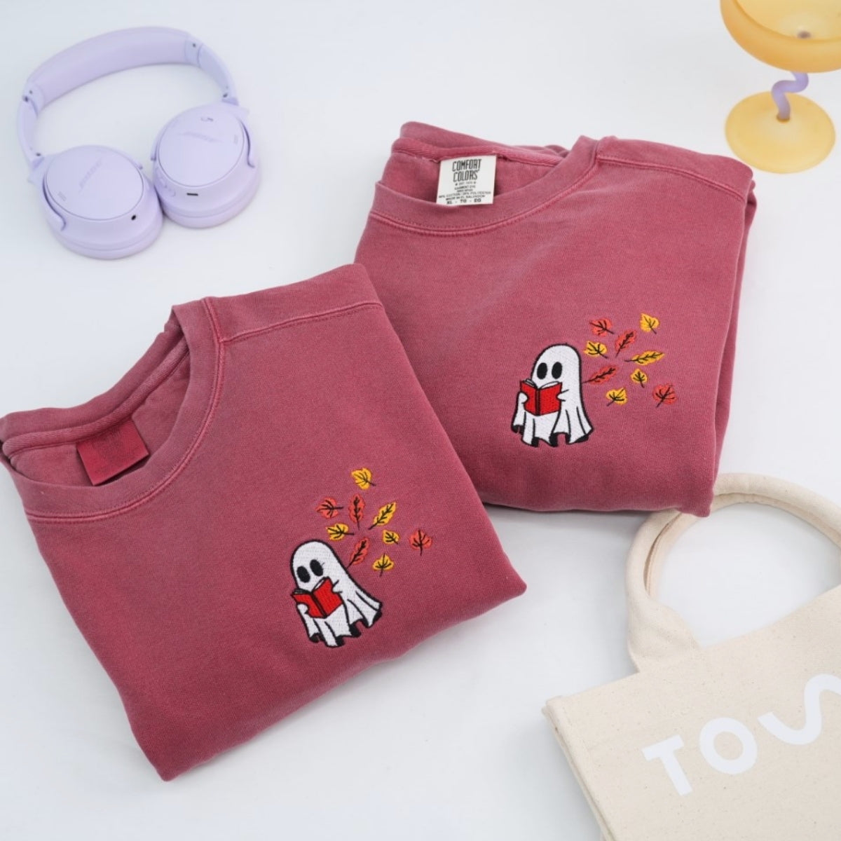 Custom Ghost Reading Book Sweatshirts - Bookish Halloween Embroidered Apparel - Perfect Book Lover Gift