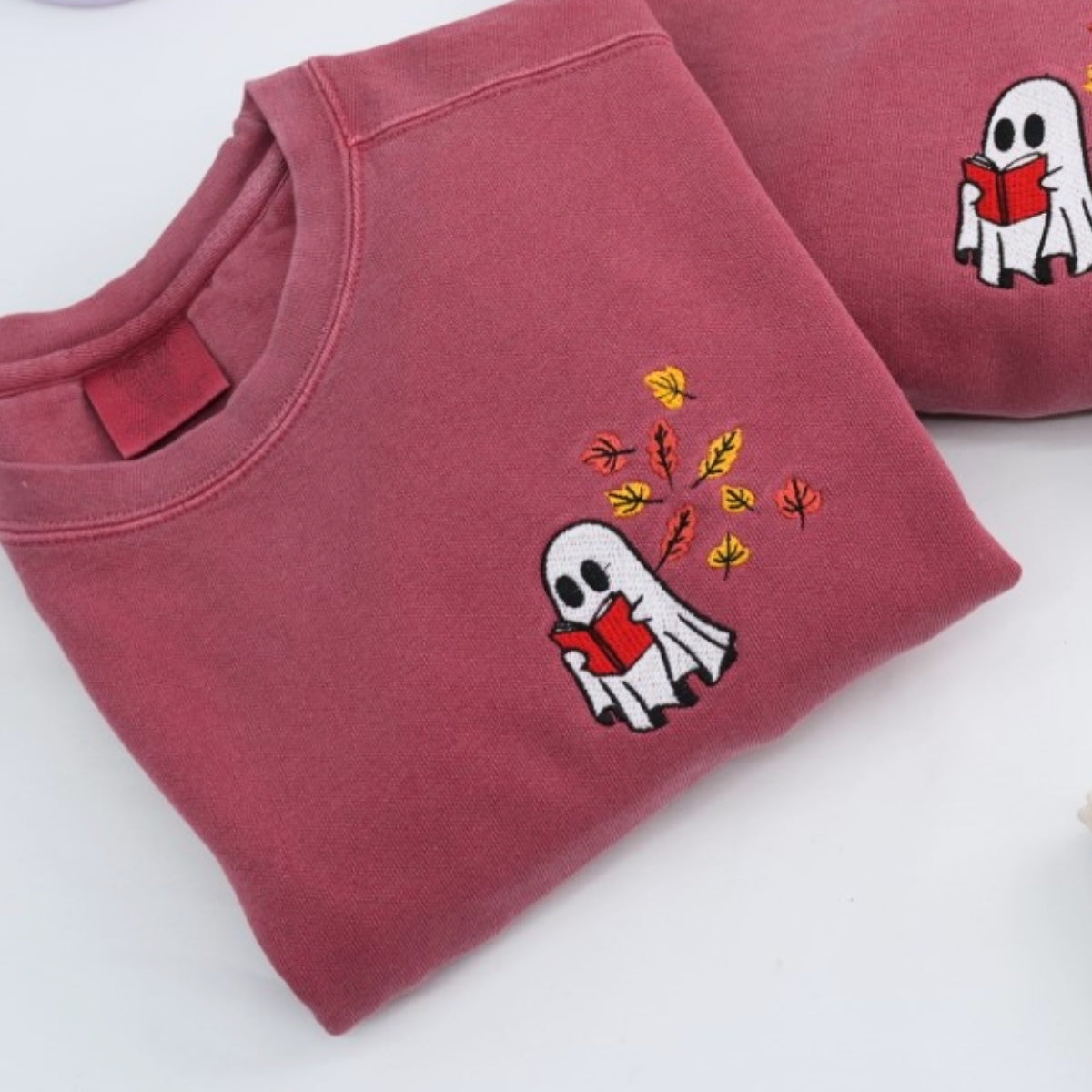 Custom Ghost Reading Book Sweatshirts - Bookish Halloween Embroidered Apparel - Perfect Book Lover Gift