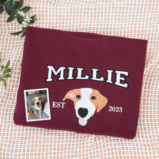 Custom Pet Name Hoodies - Dog Portrait Varsity Style Embroidered Sweatshirts - Dog Lover Gift