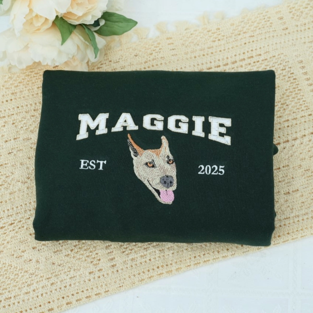 Custom Pet Name Hoodies - Dog Portrait Varsity Style Embroidered Sweatshirts - Dog Lover Gift