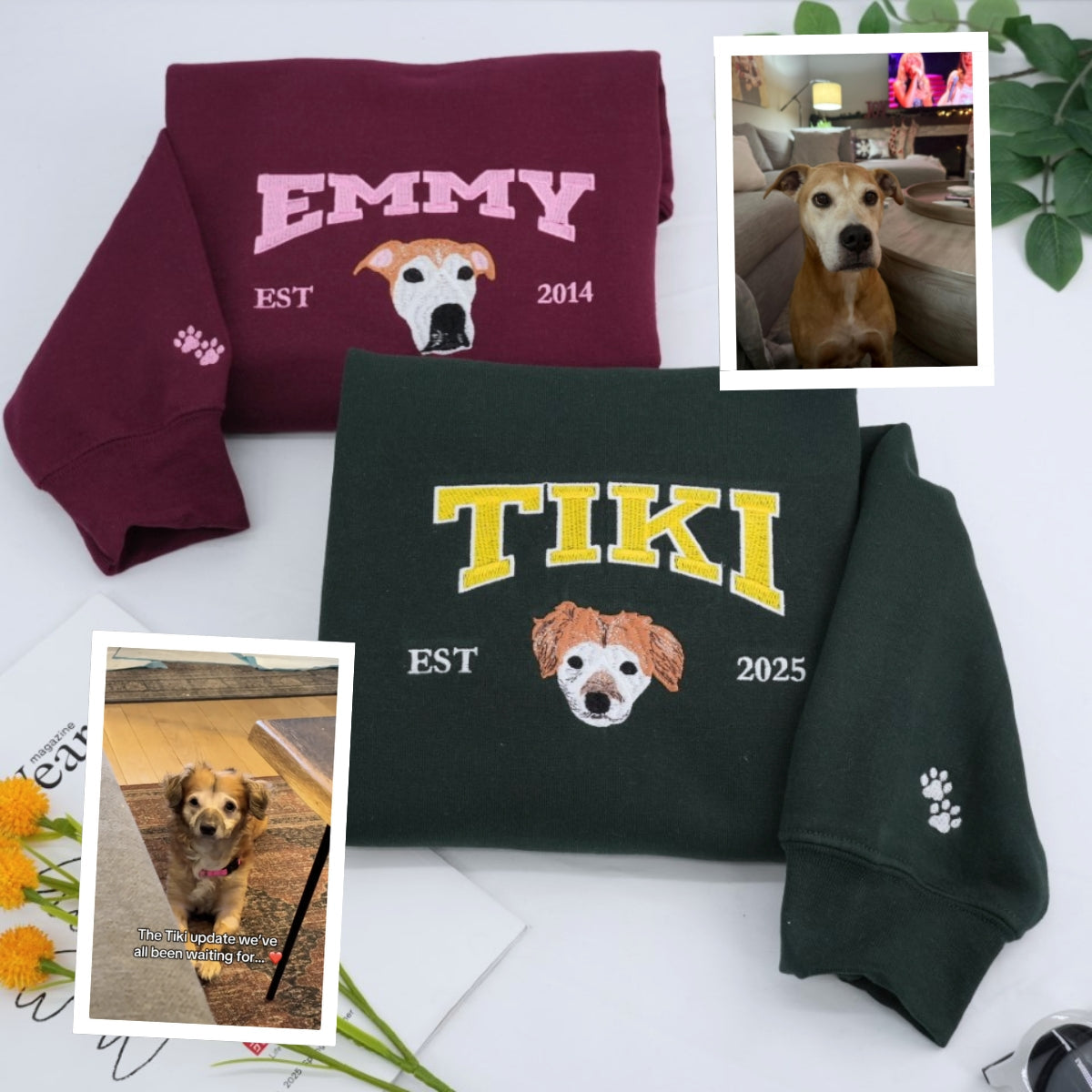 Custom Pet Name Sweatshirts - Dog Portrait Varsity EST Embroidered Shirts - Dog Lover Gift