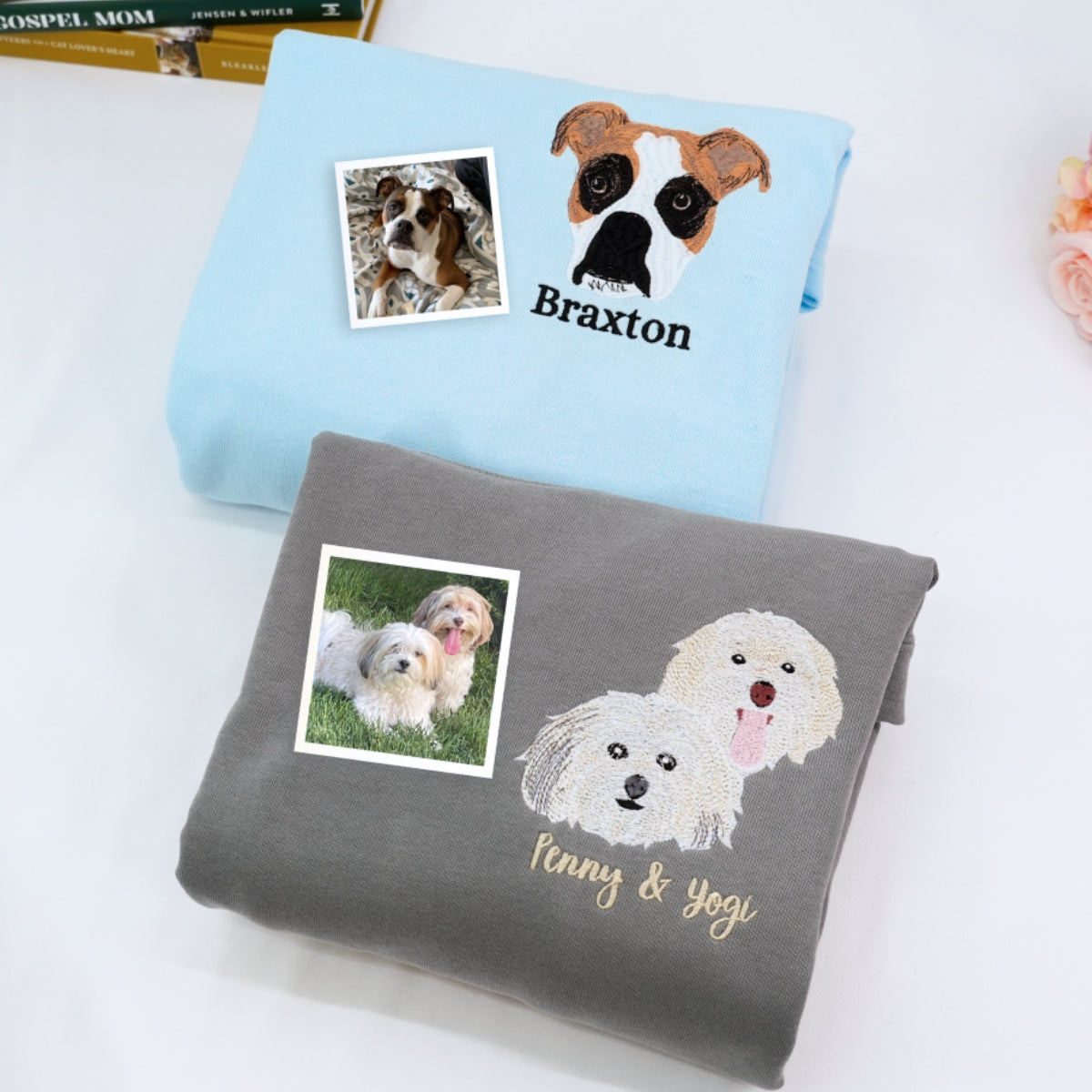 Custom Pet Portrait Sweatshirts - Dog Face Embroidered Shirts with Names - Dog Lover Gift