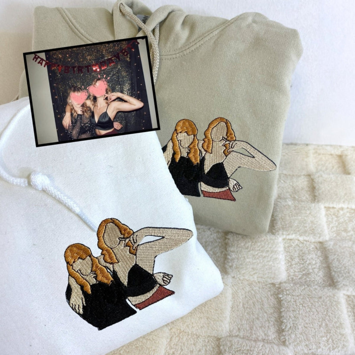 Custom Portrait Hoodie from Photo – Personalized Embroidered Sweatshirt for Best Friends, Teen Girls, or Sisters