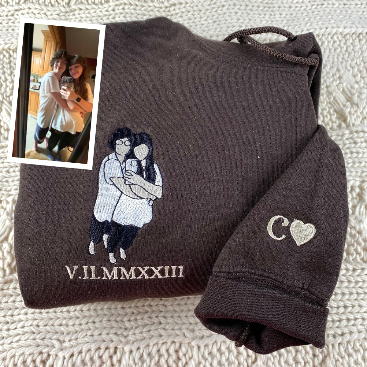 Custom Roman Numeral Portrait Hoodies - Anniversary Date Embroidered Sweatshirts - Couples Gift