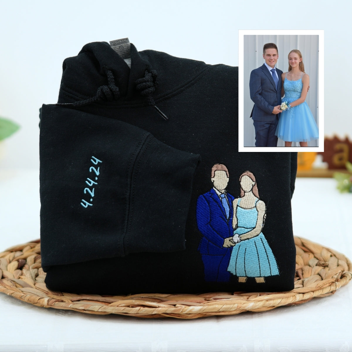 Custom Roman Numeral Portrait Hoodies - Anniversary Date Embroidered Sweatshirts - Couples Gift