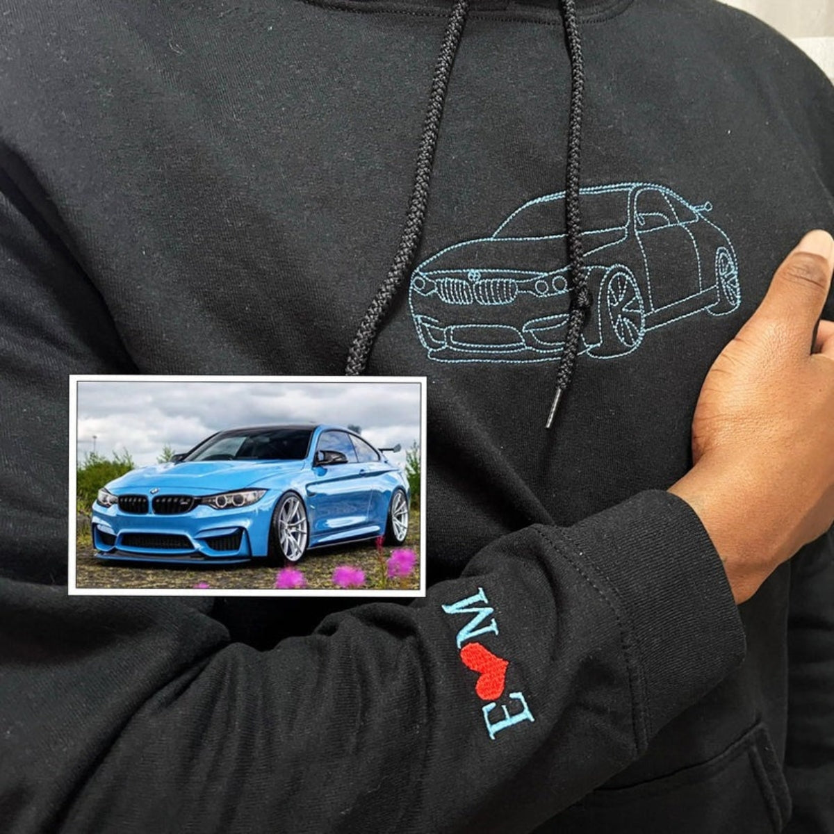 Custom Sports Car Line Art Embroidered Hoodies - Vehicle Portrait & Handwriting Sweatshirts - Elegant Car Lover Gift